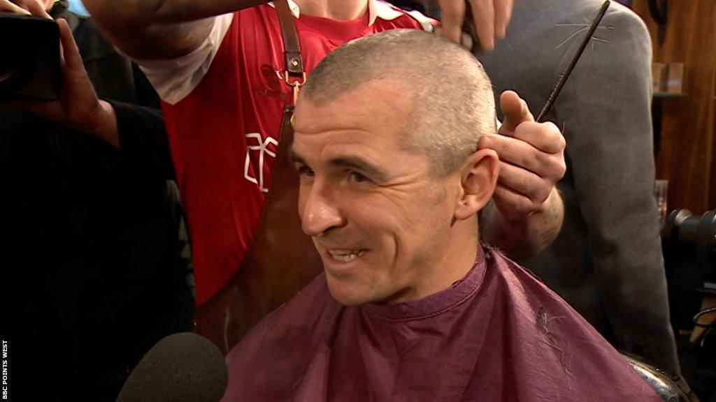 Bristol Rovers boss Joey Barton joined in as the club's players, including captain Paul Coutts, shaved their heads in support of Nick Anderton in January