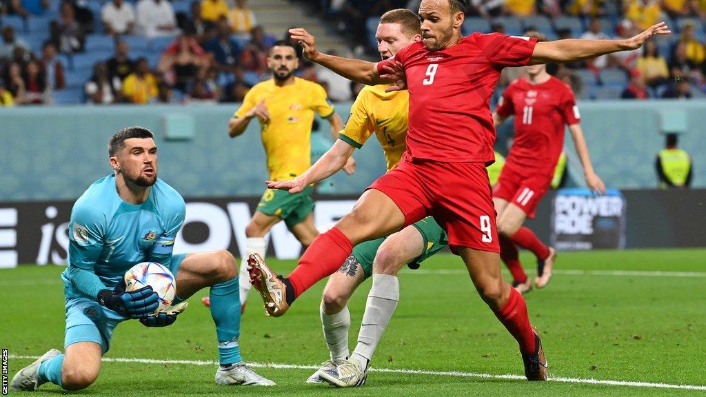 Mat Ryan makes a save against Denmark