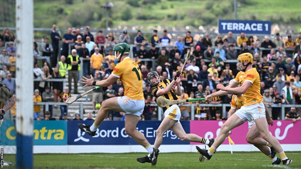 David Blanchfield of Kilkenny shoots at goal during the Leinster GAA Hurling Senior Championship Round 3 match between Antrim and Kilkenny at Corrigan Park in Belfast