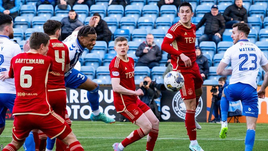 Corrie Ndaba puts Kilmarnock ahead against Aberdeen with a header at Rugby Park