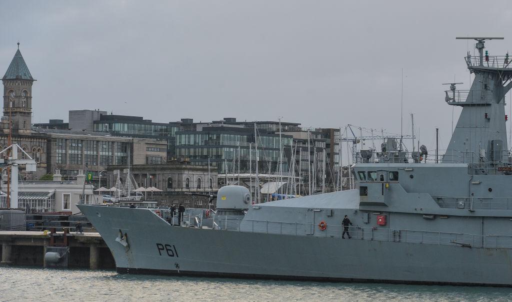 LÉ Samuel Beckett (P61), an offshore patrol vessel of the Irish Naval Service seen from the East Pier in Dun Laoghaire during Level 5 Covid-19 lockdown. On Saturday, February 20, 2021, in Dún Laoghaire