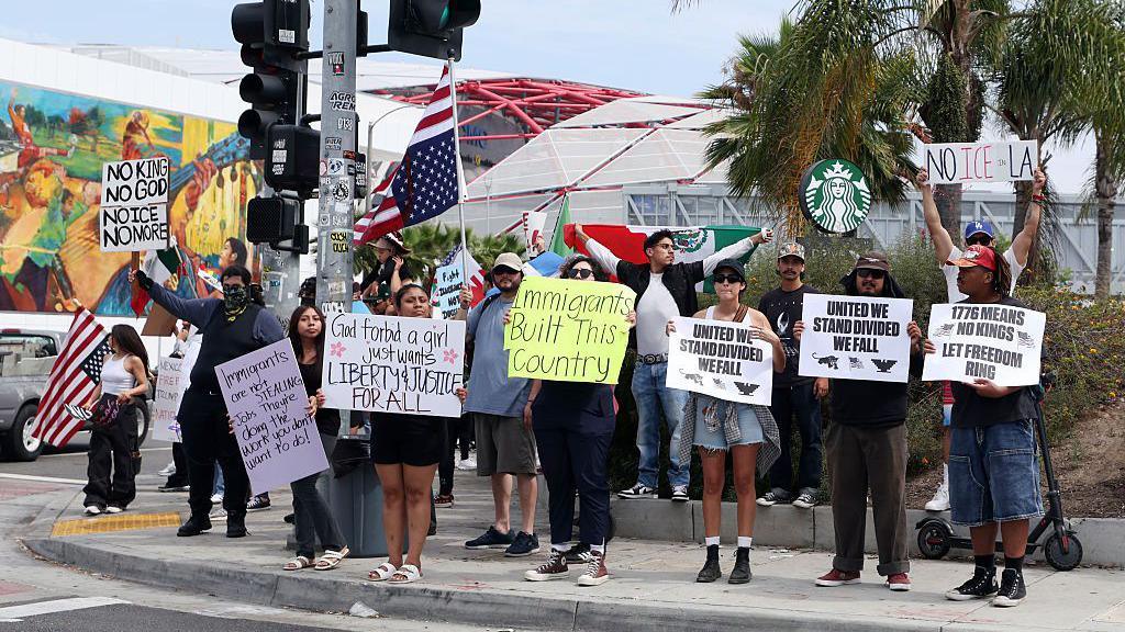 Anti-Trump protesters close to SoFi Stadium before Mexico's Gold Cup game against the Dominican Republic