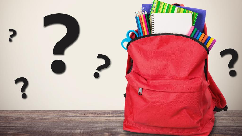 Schoolbag surrounded by question marks