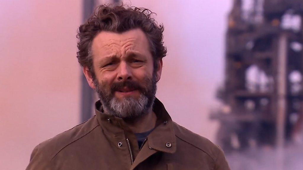 Michael Sheen in front of Tata Steel in Port Talbot