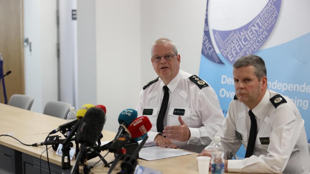 Police Service of Northern Ireland (PSNI) Chief Constable Simon Byrne with Assistant Cheif Constable Chris Todd (left) during a press conference after an emergency meeting of the Northern Ireland Policing Board at James House in Belfast, following a data breach.