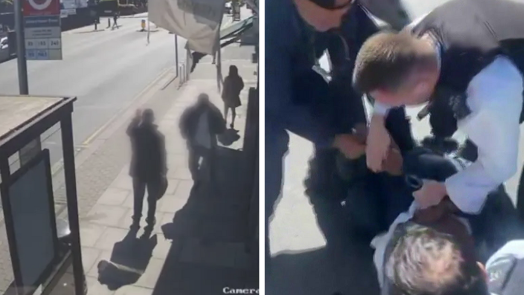 CCTV showing moment before attack; alongside UGC showing suspect being arrested