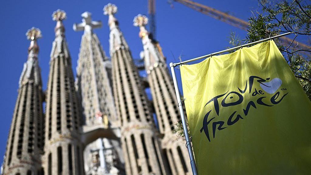 Tour de France sign outside the Sagrada Familia in Barcelona