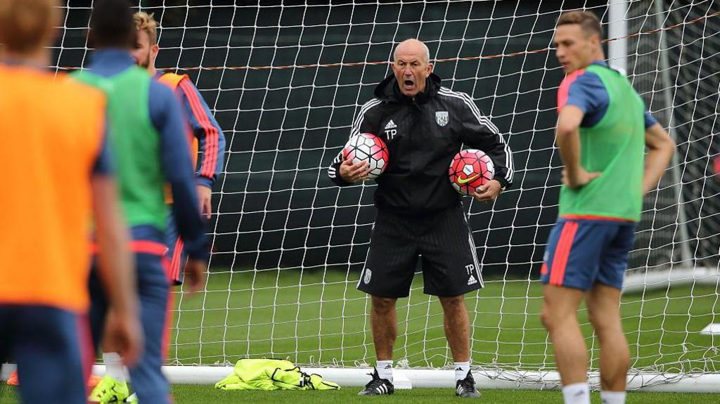 Tony Pulis at work on the training ground with West Brom in 2015