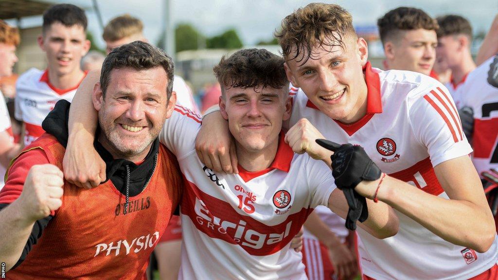 Derry's Oisin Doherty and Tommy Rogers celebrate after beating Dublin