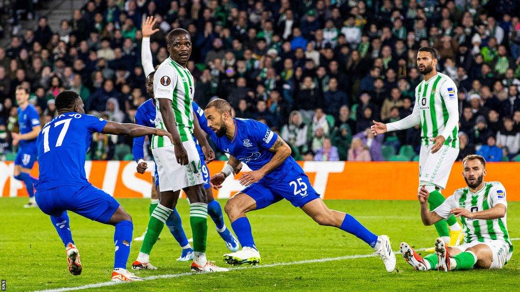 Kemar Roofe celebrates after scoring for Rangers against Real Betis