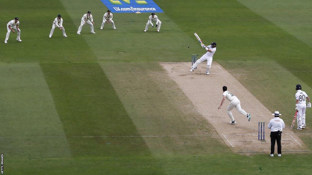 Joe Root starts day four of the first Ashes Test by trying to ramp Australia captain Pat Cummins