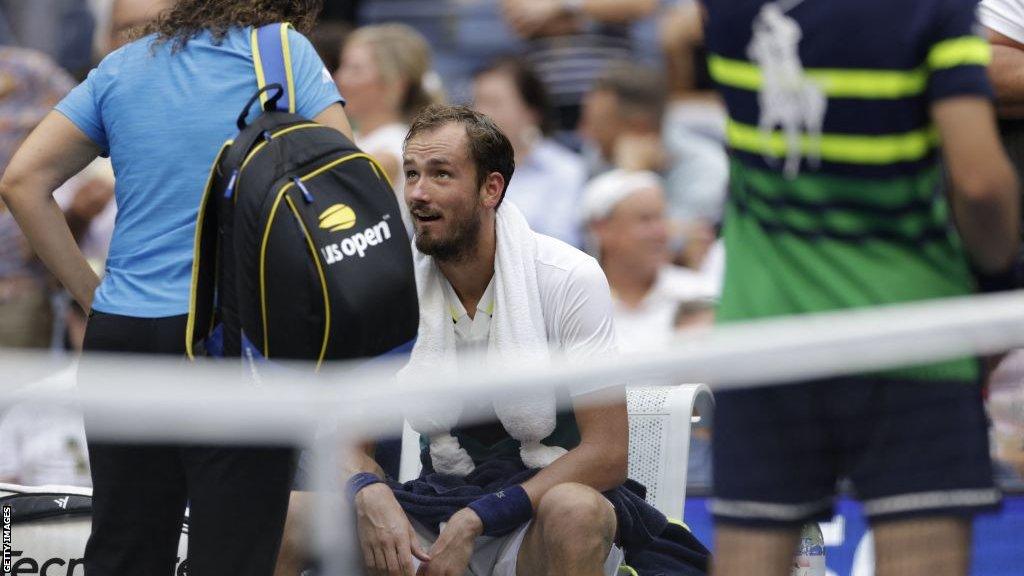 Russia's Daniil Medvedev looks on during a break while facing Russia's Andrey Rublev