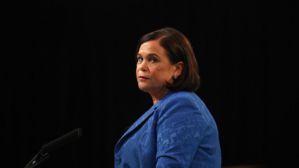 A side profile of Mary Lou McDonald, who is wearing a royal blue jacket 