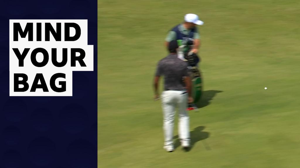 Berger's huge tee shot catches the group ahead