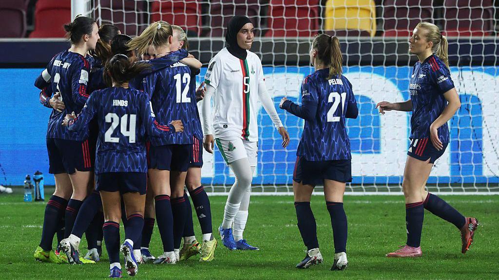 Arsenal celebrate scoring against AS FAR Rabat