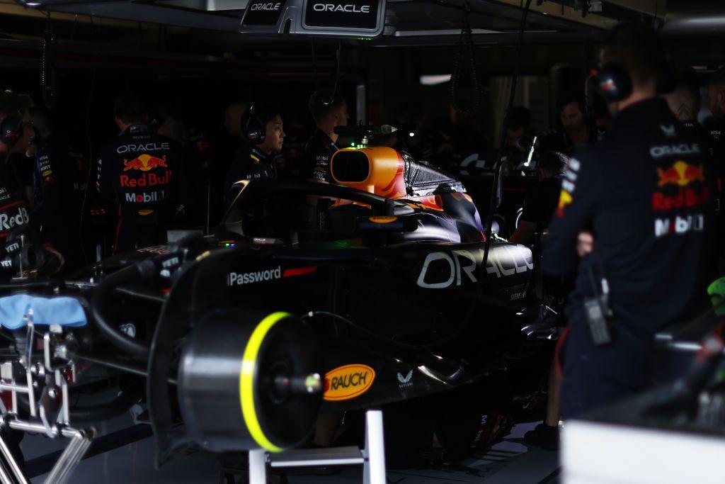 The Red Bull garage in darkness 