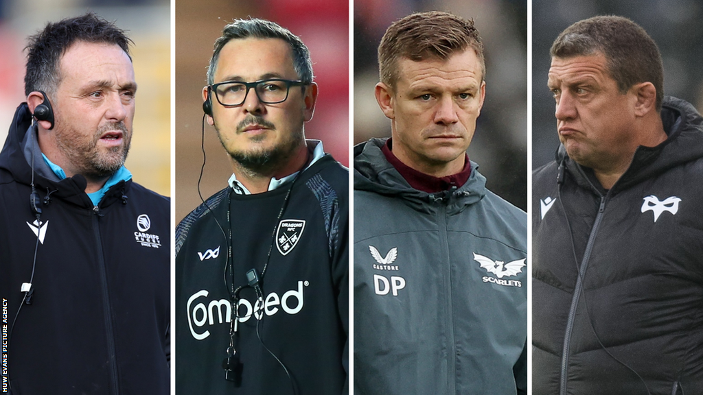 Cardiff head coach Matt Sherratt, Dragons head coach Dai Flanagan, Scarlets head coach Dwayne Peel and Ospreys head coach Toby Booth