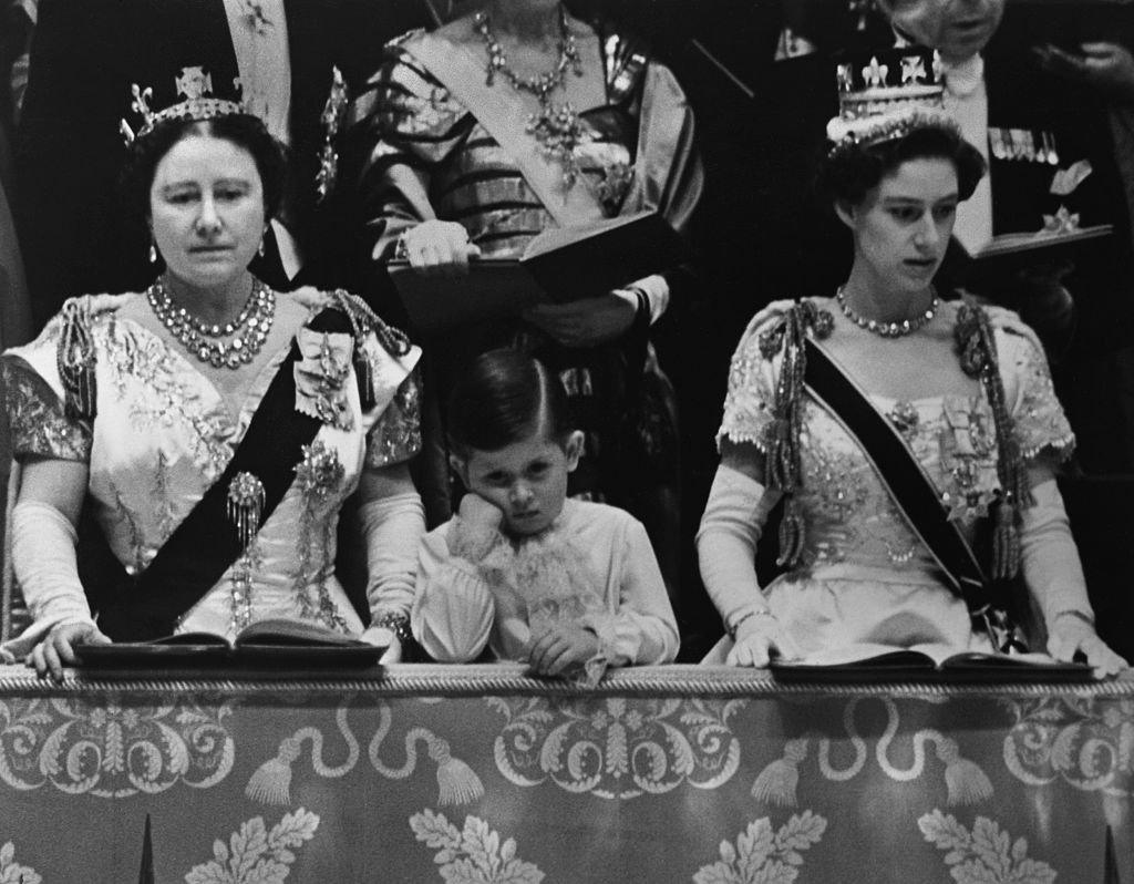 Prince Charles with his Aunt, Princess Margaret (r) and his Grandmother, Elizabeth the Queen Mother, at the 1953 Coronation of his mother, Queen Elizabeth II.