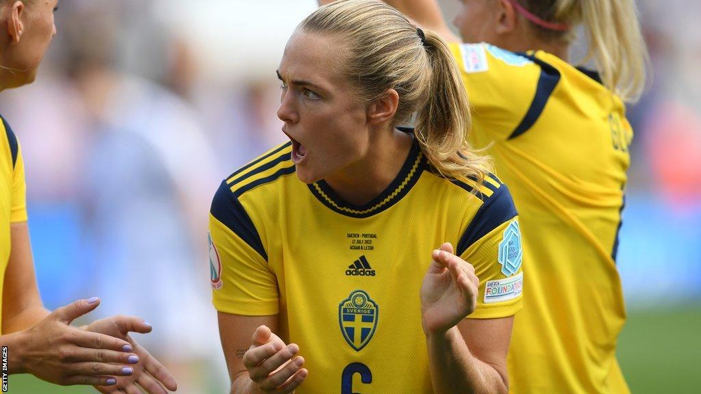 Sweden's Magdalena Eriksson reacts before a match at Euro 2022 against Portugal