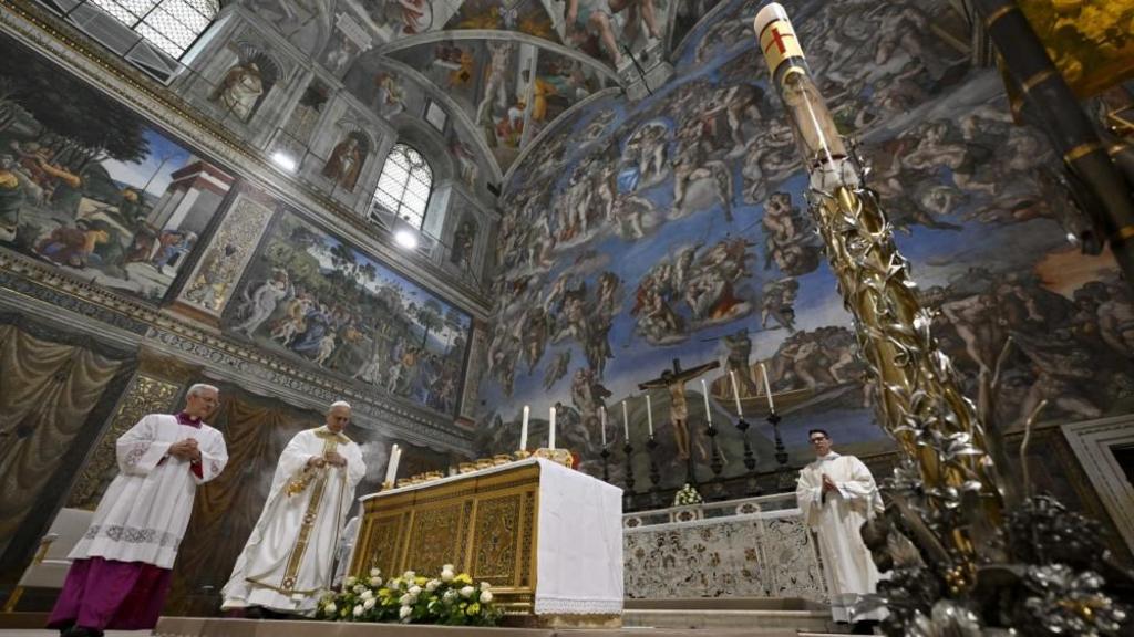 Pope Francis is seen inside the Sistine Chapel