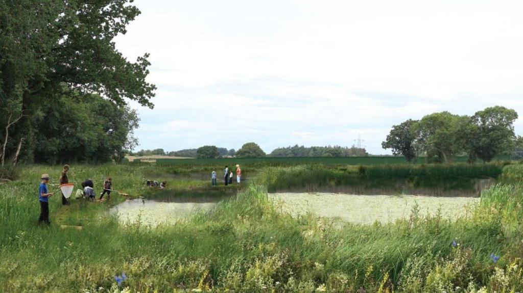 An artist's impression of the nature reserve at the site, which shows people fishing in a pond surrounded by greenery.