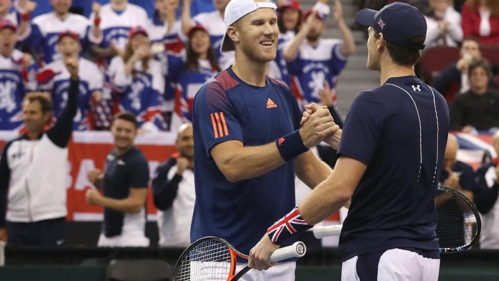 Jamie Murray and Dominic Inglot of Great Britain congratulate each other