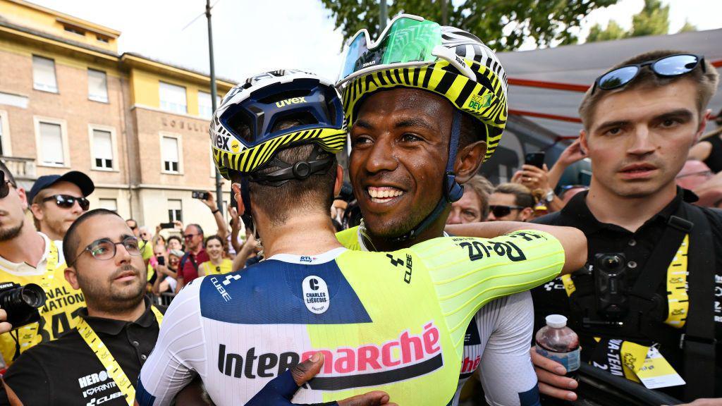 Stage winner Biniam Girmay of Eritrea and Team Intermarche - Wanty reacts after the 111th Tour de France 2024