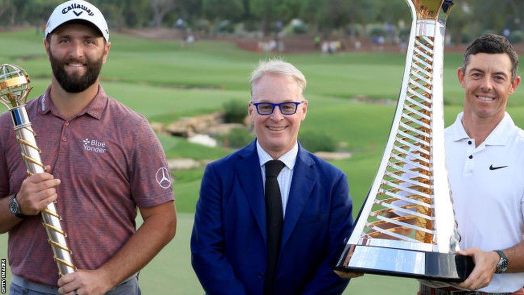 (l-r) Jon Rahm, Keith Pelley and Rory McIlroy