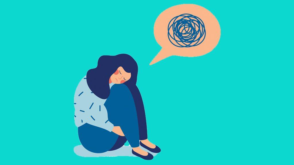 a cartoon drawing of a girl with a squiggly speech bubble, talking about mental health