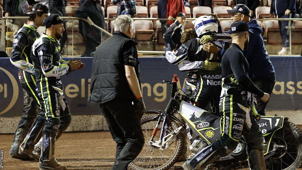 Emil Sayfutdinov is congratulated after heat 15 against Belle Vue