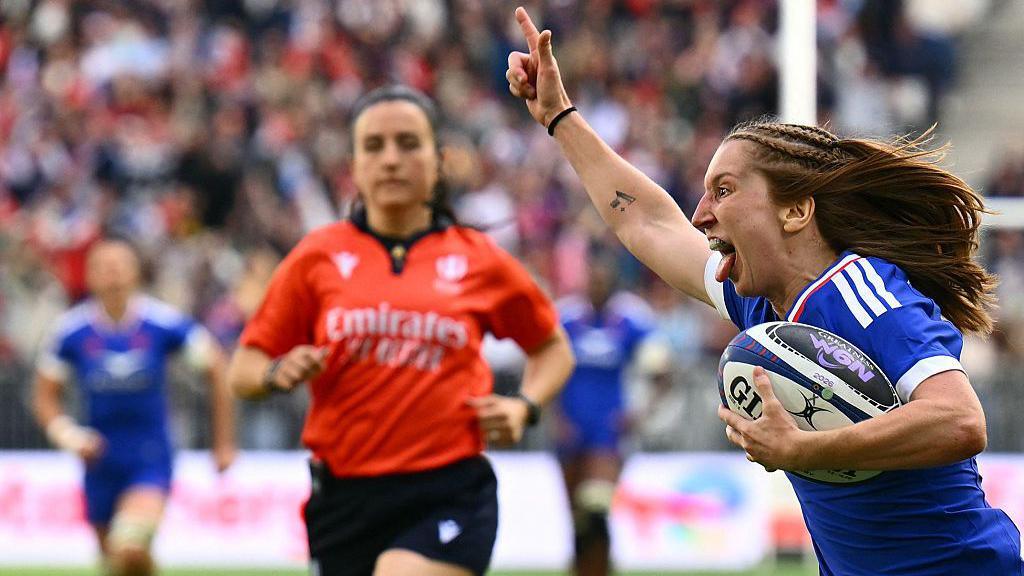 Pauline Bourdon Sansus celebrates scoring for France against England