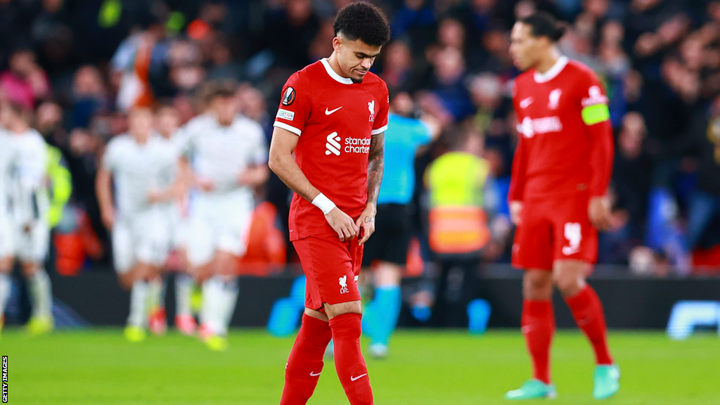 Liverpool's Luis Diaz reacts after his side's defeat to Atlanta in the Europa League