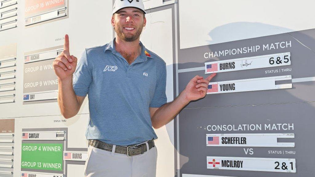 Sam Burns with the final leaderboard after winning the WGC Match Play in Austin, Texas