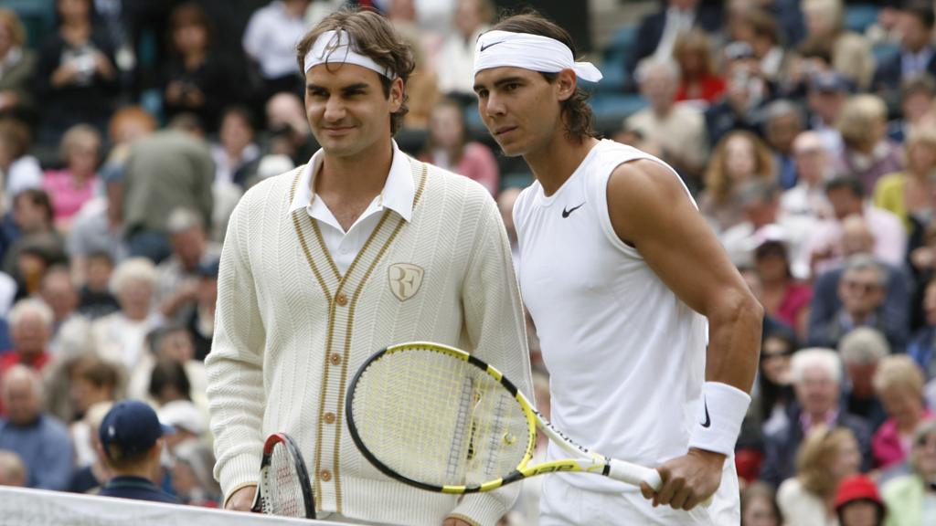 Roger Federer and Rafael Nadal pose for a photo before the 2008 Wimbledon final
