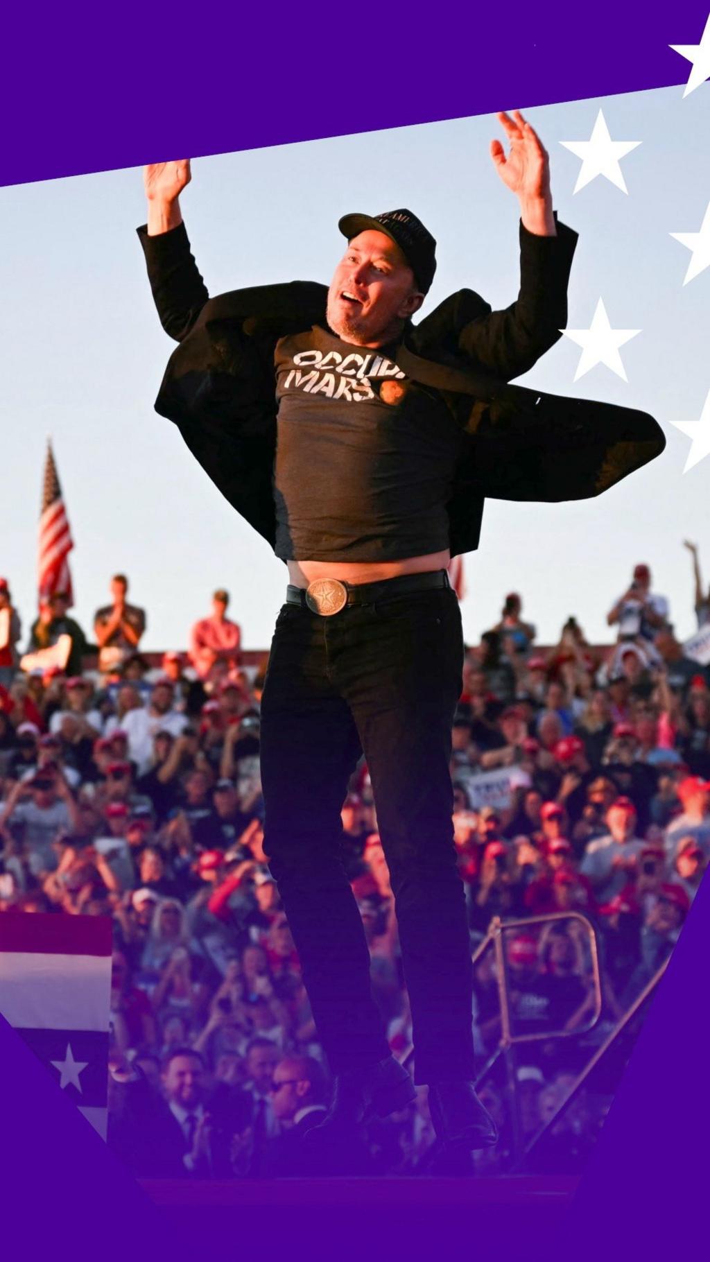 Elon Musk jumping in the air at Trump rally in Butler, Pennsylvania