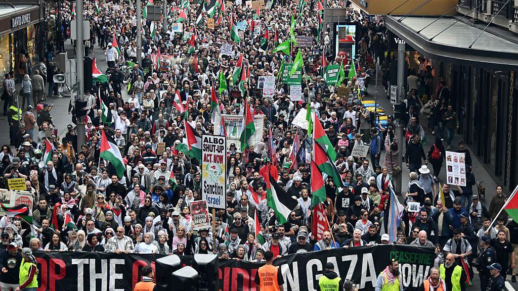 A dense crowd of people fill a street, many of them waving placards and Palestinian flags
