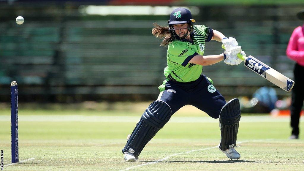 Irish captain Laura Delany hits a shot as she made her to 32 against Australia