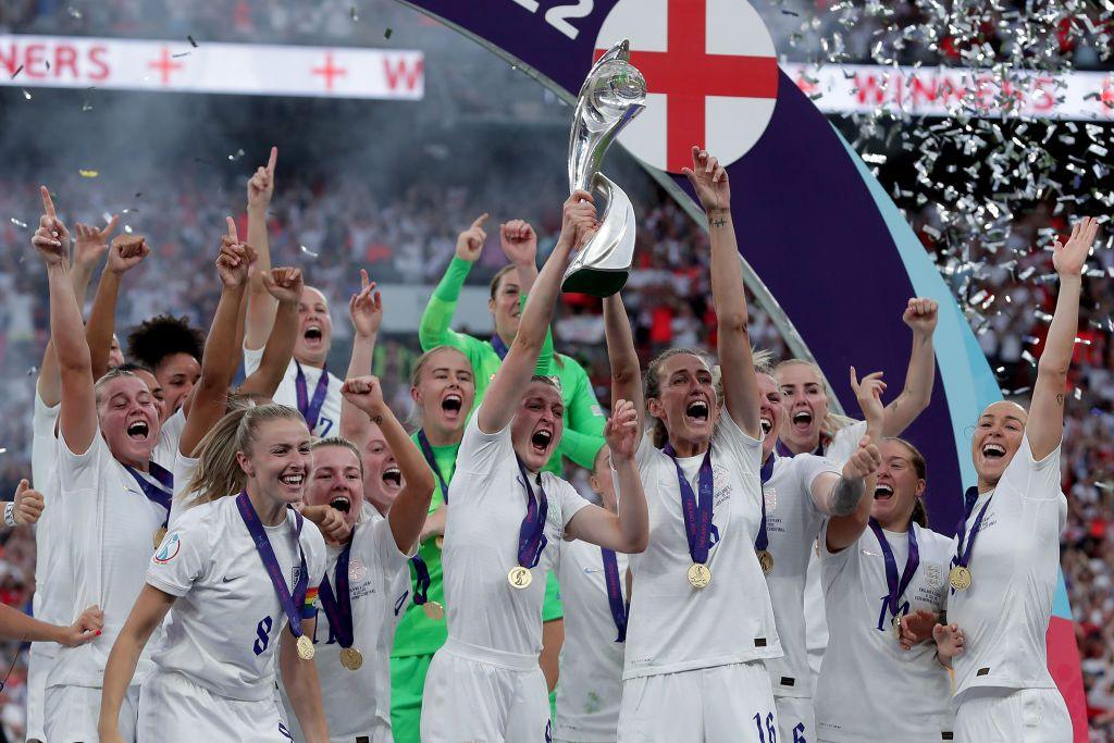 England's Lionesses lifting the Euro trophy in 2022.