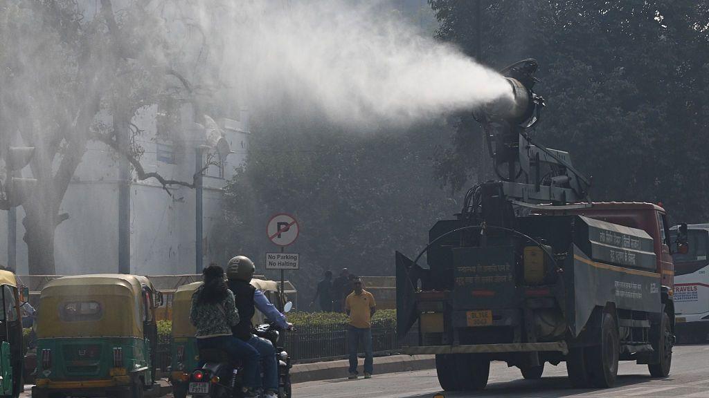 A view of an anti smog gun spraying water to settle dust at Kartavya Path, on November 8, 2025 in New Delhi, India