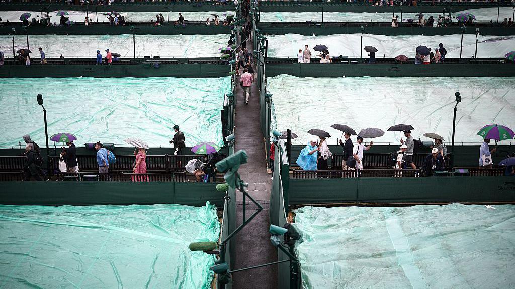 Covers on courts at Wimbledon and spectators shuffle past holding umbrellas