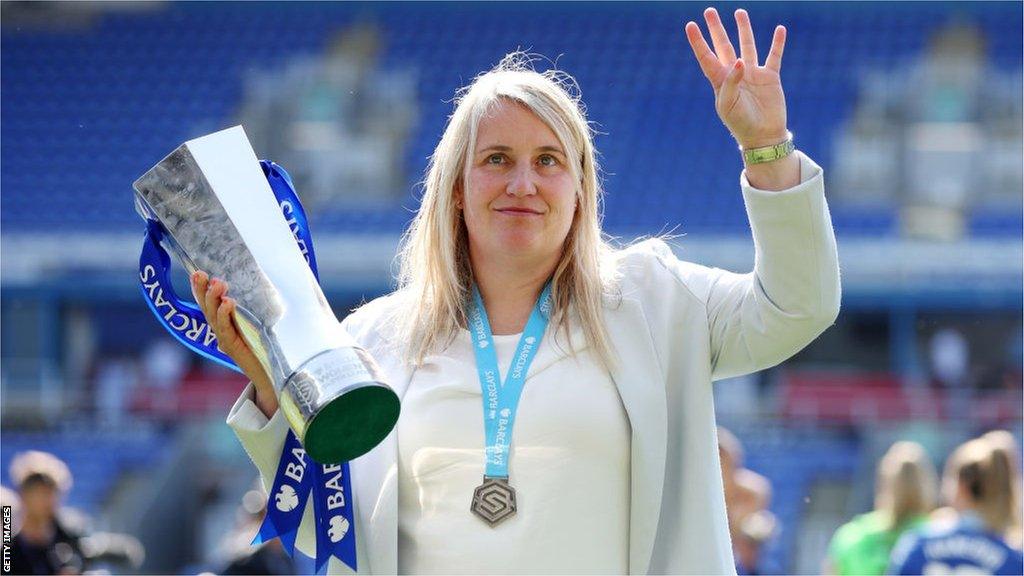 Emma Hayes waves to Chelsea fans