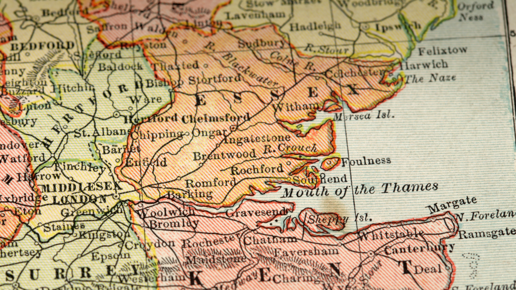 An old fashioned map of England, showing the eastern and south eastern counties, which are each represented in different colours. Essex is in the centre of the image.