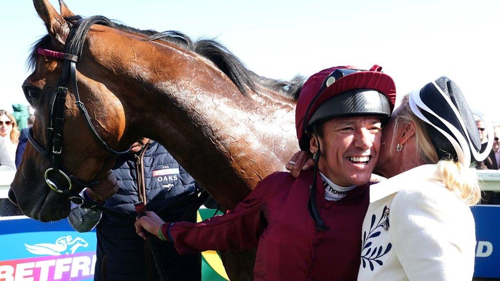 Jockey Frankie Dettori celebrates with Soul Sister owner Lady Bamford after winning the Oaks at Epsom in 2023