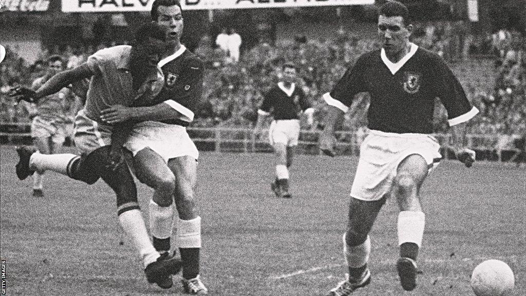 Pele in action for Brazil against Wales in 1958 World Cup