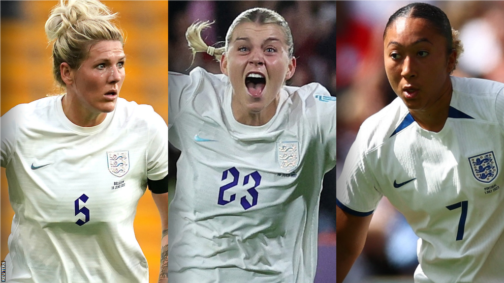 England's Millie Bright, Alessia Russo and Lauren James