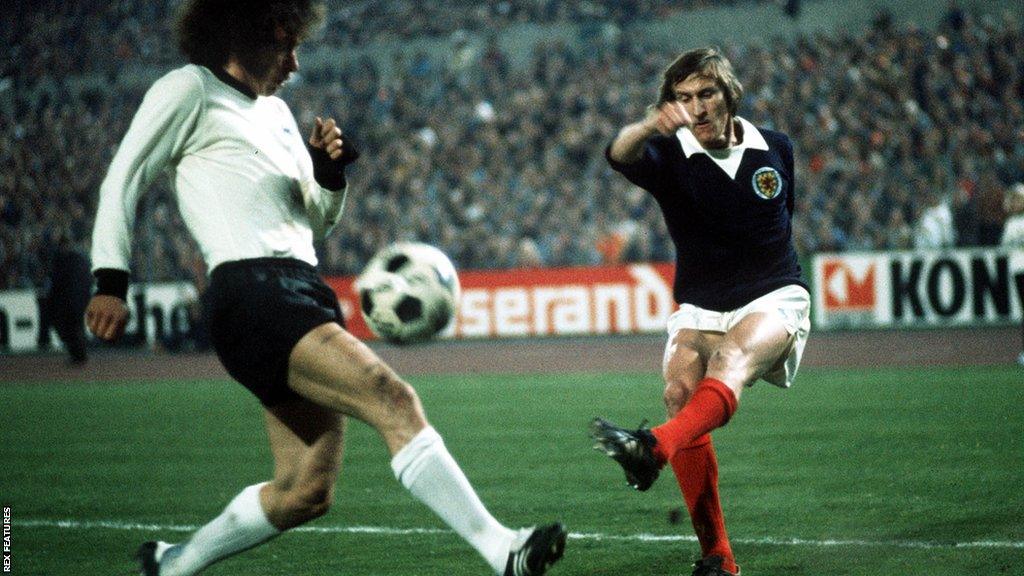 Tommy Hutchison in action for Scotland against West Germany in 1974