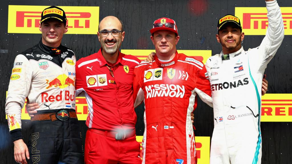 Max Verstappen, Kimi Raikkonen and Lewis Hamilton along with a Ferrari engineer