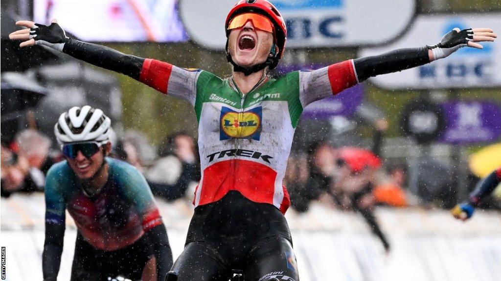 Elisa Longo Borghini celebrates winning the Tour of Flanders