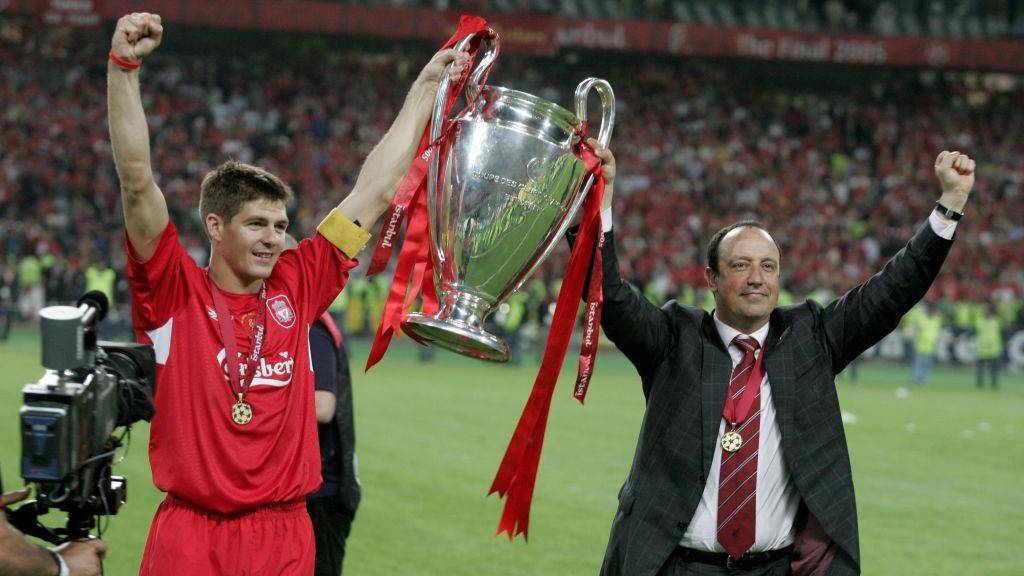 Liverpool captain Steven Gerrard and manager Rafa Benitez with the Champions League trophy after winning the 2005 final