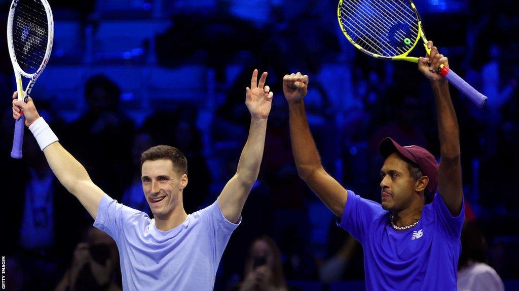 Britain's Joe Salisbury and American Rajeev Ram celebrate their victory at the ATP Finals